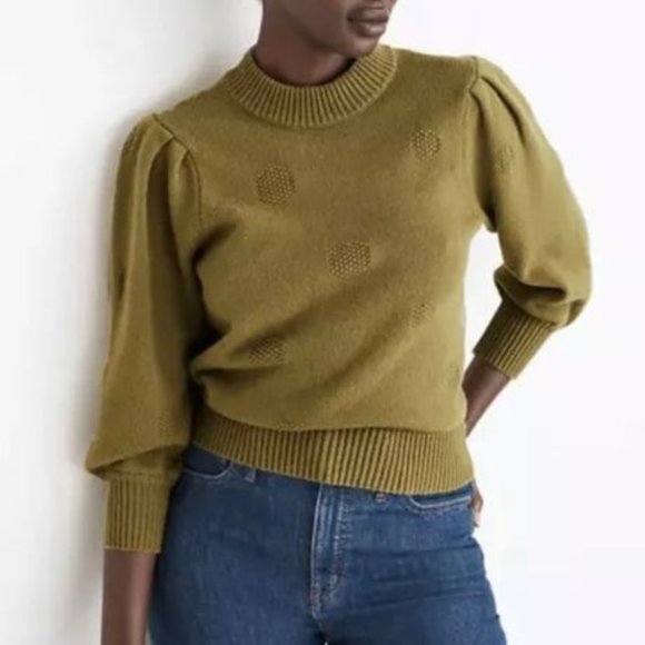 Madewell Sweaters - Madewell Dotted Eaton Olive Green Polka Dot Puff Sleeve Knit Sweater Size Medium